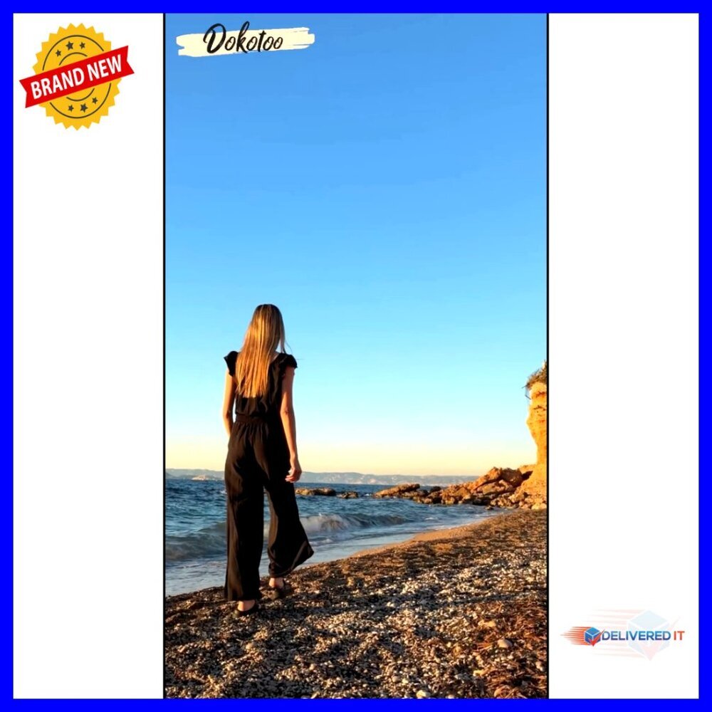 Summer Ruffle Sleeve Square Neck Jumpsuit Drawstring Waist Wide Leg Pockets - Picture 7 of 7